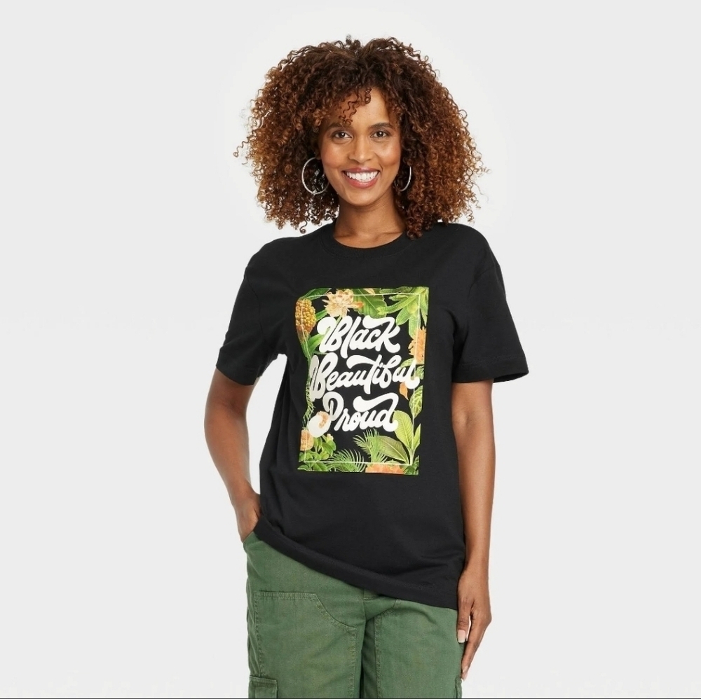 NWT Black History Month Adult Black Beautiful Proud Short Sleeve T-Shirt Black